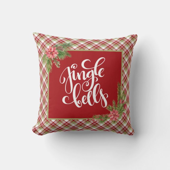 Red Green White Holiday Plaid  Jingle Bells   Throw Pillow (Front)