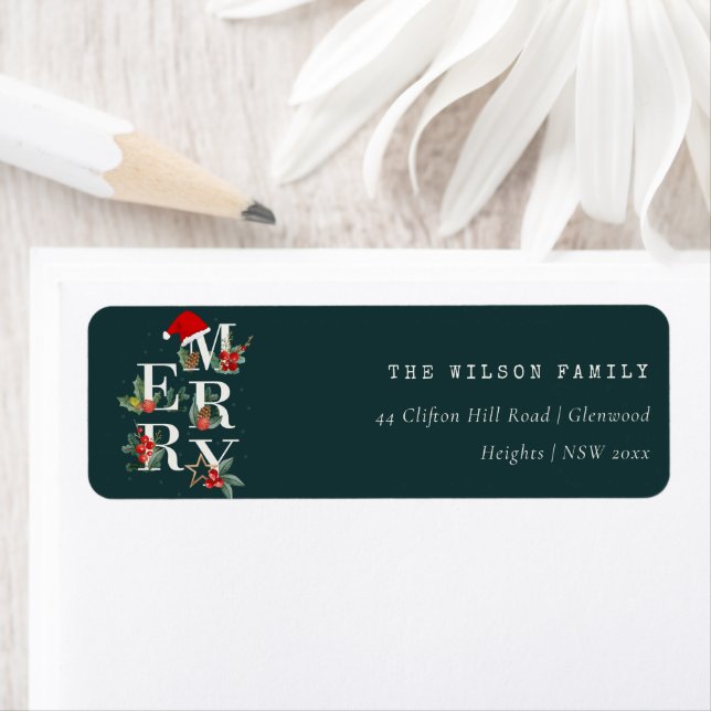 Red Green White Merry Christmas Foliage Address Label (Insitu)