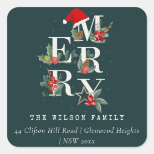 Red Green White Merry Christmas Foliage Address Square Sticker