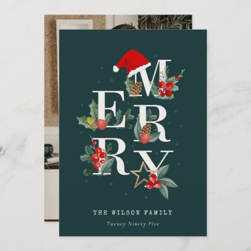 Red Green White Merry Christmas Foliage Photo Holiday Card