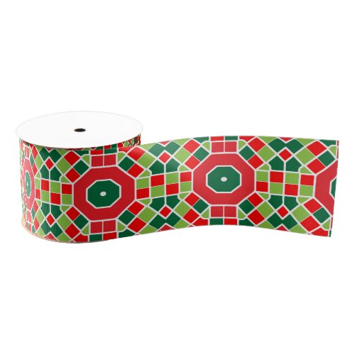 Red Green White Mosaic Christmas Geometric Pattern Grosgrain Ribbon