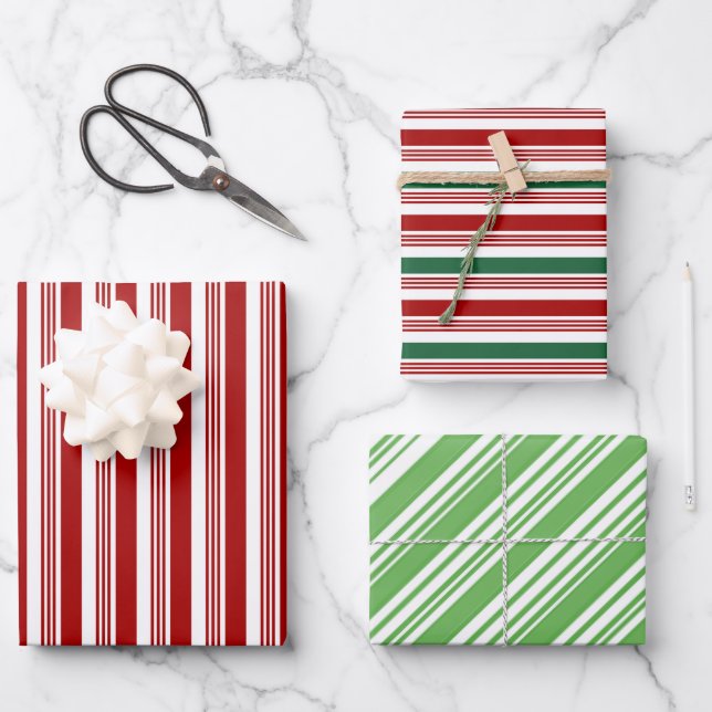 Red Green White Peppermint Stripes  Wrapping Paper Sheets (Front)