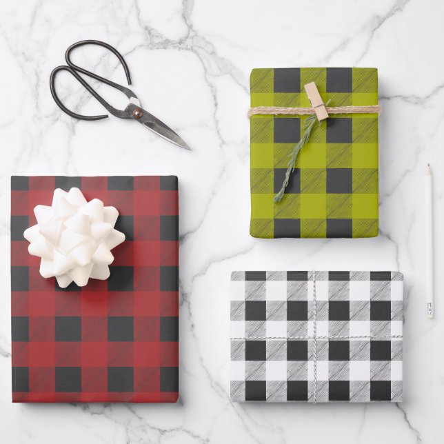 Red Green White Plaid Wrapping Paper Set of 3 (Front)