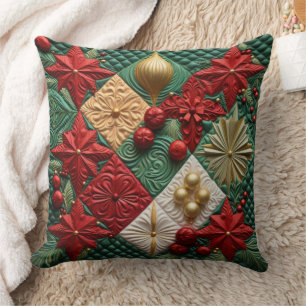 RED GREEN WHITE QUILTED LOOK CHRISTMAS BALLS THROW PILLOW