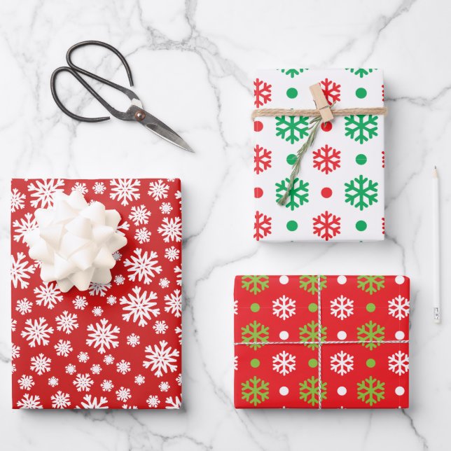 Red Green White Snowflake Holiday Christmas Trendy Wrapping Paper Sheets (Front)
