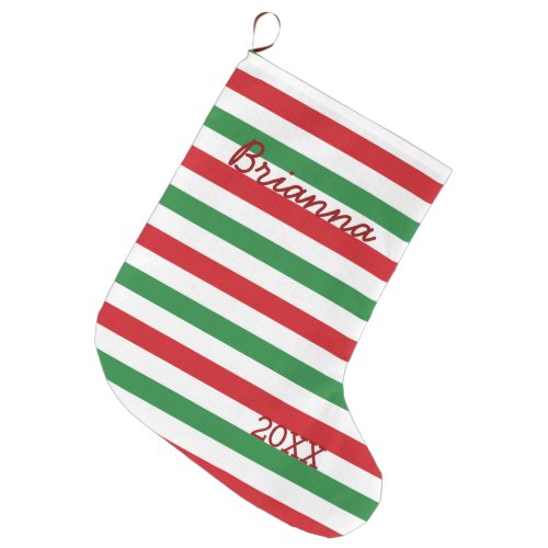 Red green white striped Christmas Stocking