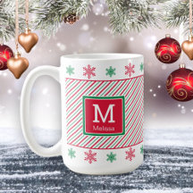 Red Green White Striped Monogram Christmas Mug