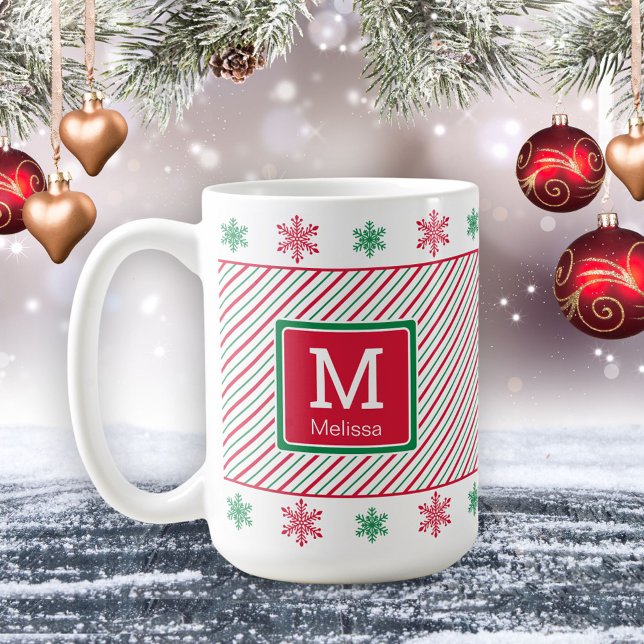 Red Green White Striped Monogram Christmas Mug (Creator Uploaded)