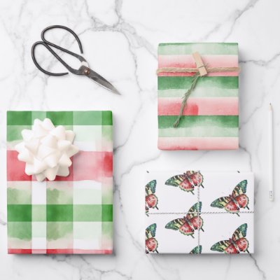 Red Green White Stripes Birthday Wrapping Paper Sheets