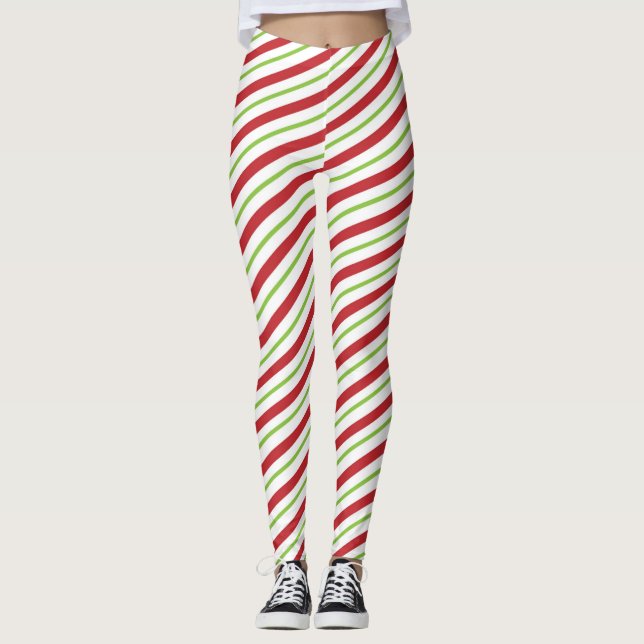 Red Green White Stripes Christmas Pattern Leggings (Front)