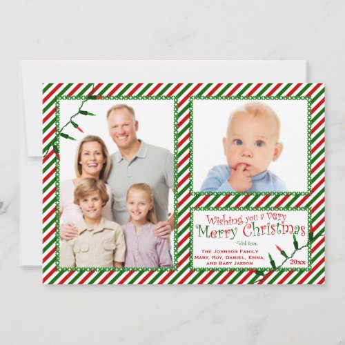 Red Green White Stripes Lights Christmas Card