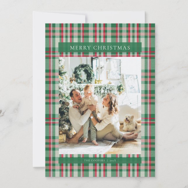 Red Green White Tartan Plaid Photo Christmas Card (Front)