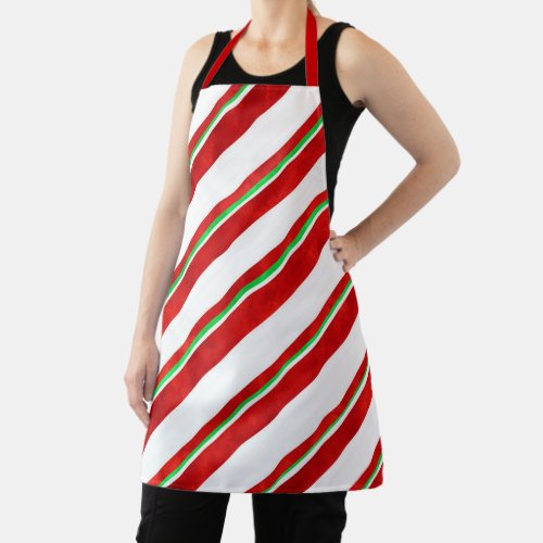 Red Green White Watercolor Candy Cane Stripes   Apron