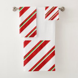 Red Green White Watercolor Candy Cane Stripes  Bath Towel Set