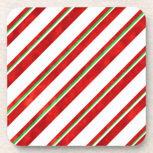 Red Green White Watercolor Candy Cane Stripes  Beverage Coaster
