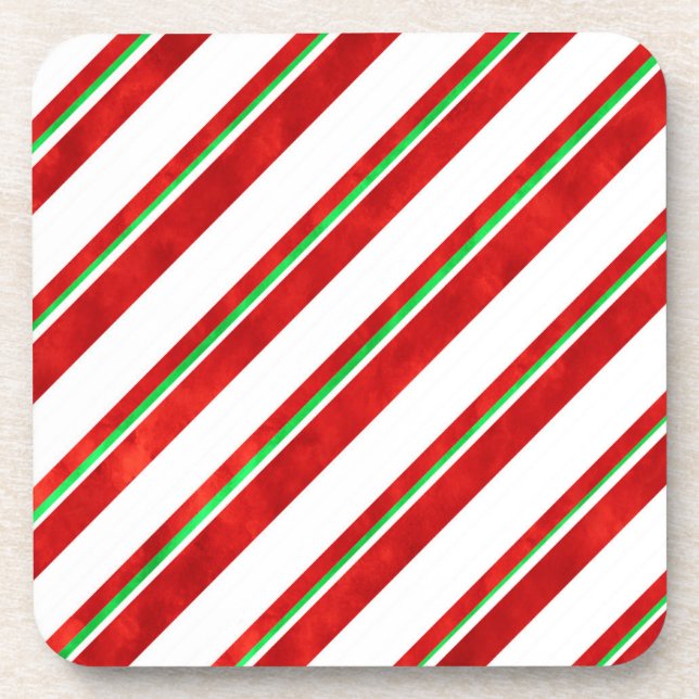 Red Green White Watercolor Candy Cane Stripes  Beverage Coaster (Front)