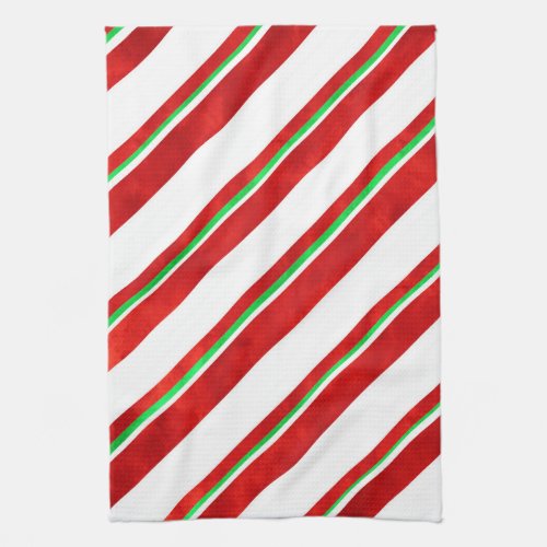 Red Green White Watercolor Candy Cane Stripes   Kitchen Towel