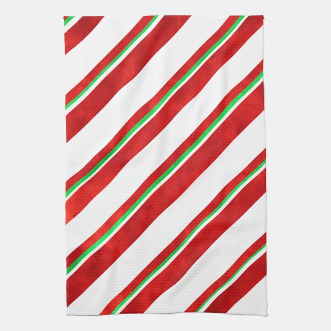 Red Green White Watercolor Candy Cane Stripes   Kitchen Towel (Vertical)