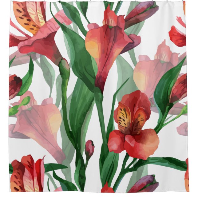 Red green & White Watercolors Lilies Shower Curtain (Front)