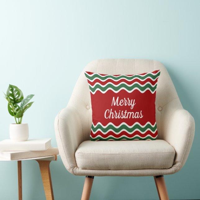 Red Green White Wave Stripes Merry Christmas Throw Pillow (Chair)