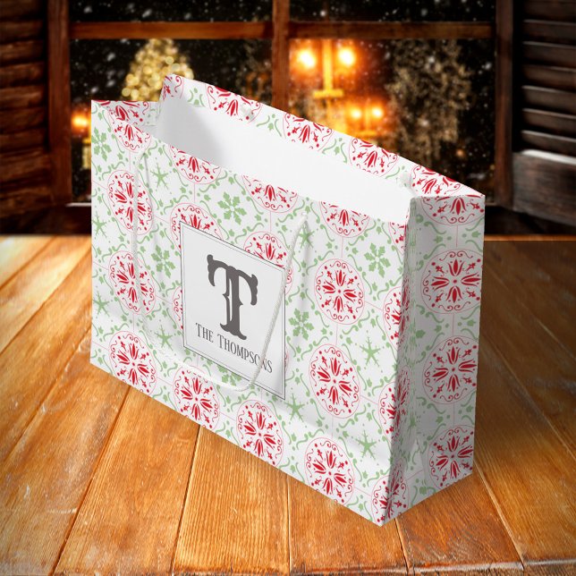 Red Green Winter Christmas Monogram Custom Large Gift Bag (Holiday red and green snowflake pattern large gift bag,)