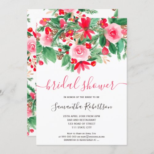 Red green winter floral watercolor bridal shower invitation