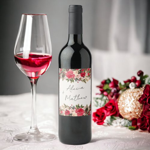 Red green winter Floral wedding  Wine Label