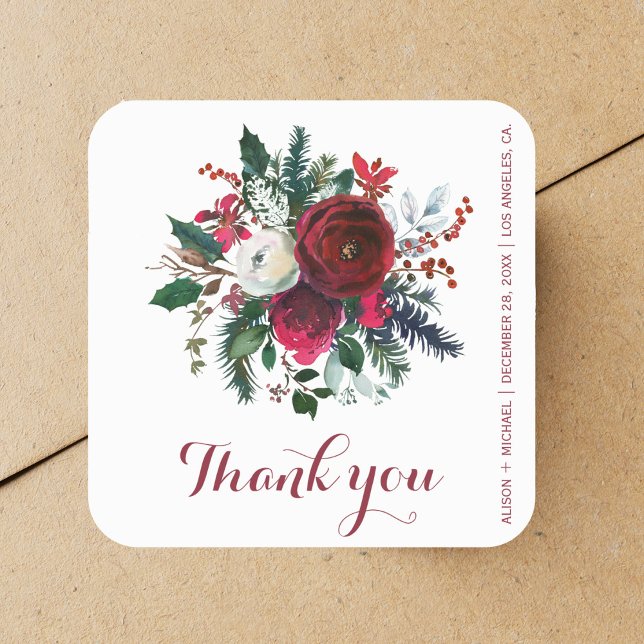 Red green winter peonies wedding  thank you square sticker (Creator Uploaded)