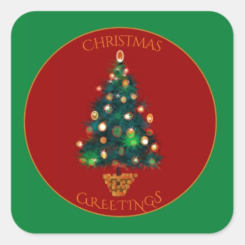 Red green with Colorful Christmas Tree Square Sticker