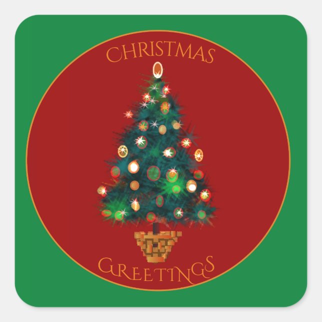 Red green with Colorful Christmas Tree Square Sticker (Front)