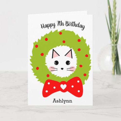 Red Green Wreath Bow Cat Christmas Birthday Card
