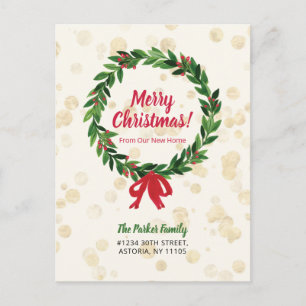Red & Green Wreath Christmas Moving Announcement Postcard