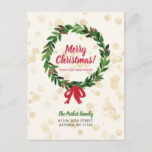 Red  Green Wreath Christmas Moving Announcement Postcard