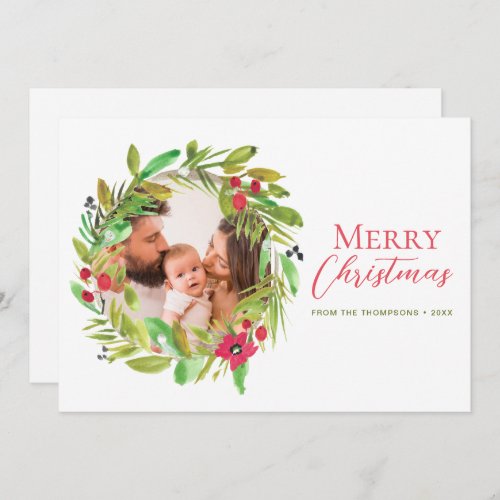 Red Green Wreath Merry Christmas Family Photo Holiday Card