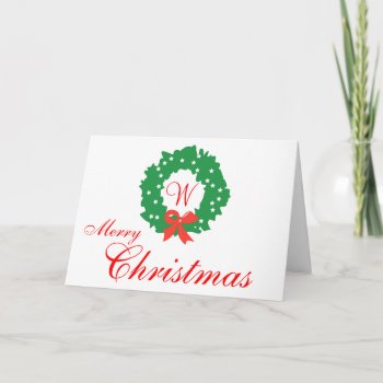 Red Green Wreath Monogram Merry Christmas Cards by stampgallery at Zazzle