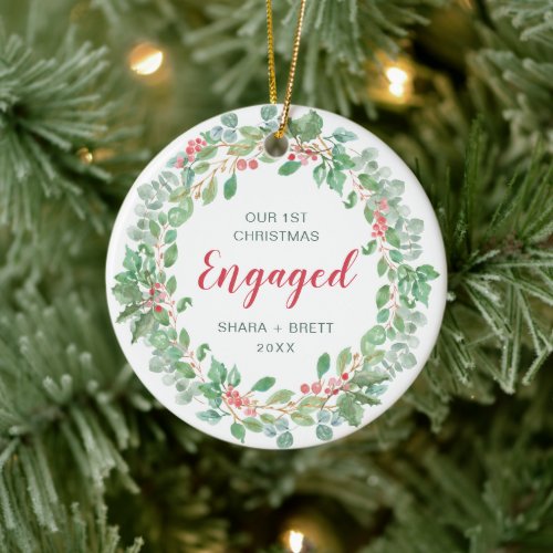 Red Green Wreath Our First Christmas Engaged Ceramic Ornament