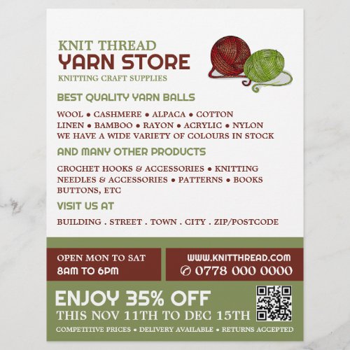 Red  Green Yarn Knitting Store Yarn Store Flyer