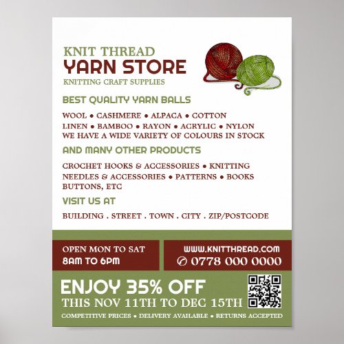 Red  Green Yarn Knitting Store Yarn Store Poster