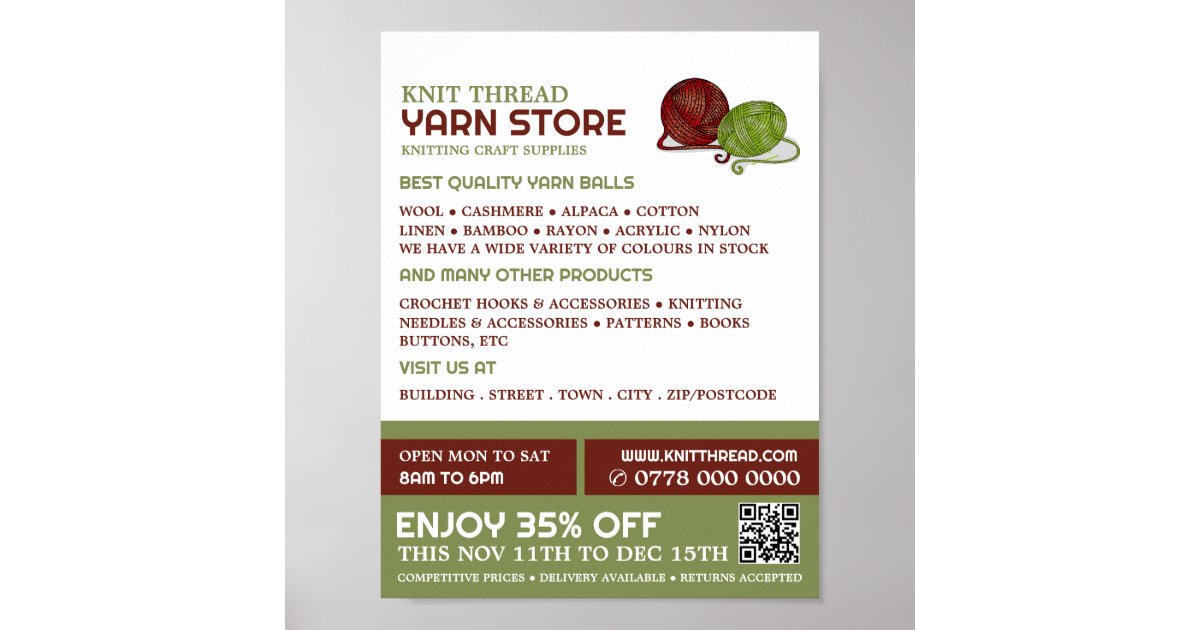 Local Yarn Store Sign Red & Green Yarn, Knitting Store, Yarn Store Poster | Zazzle