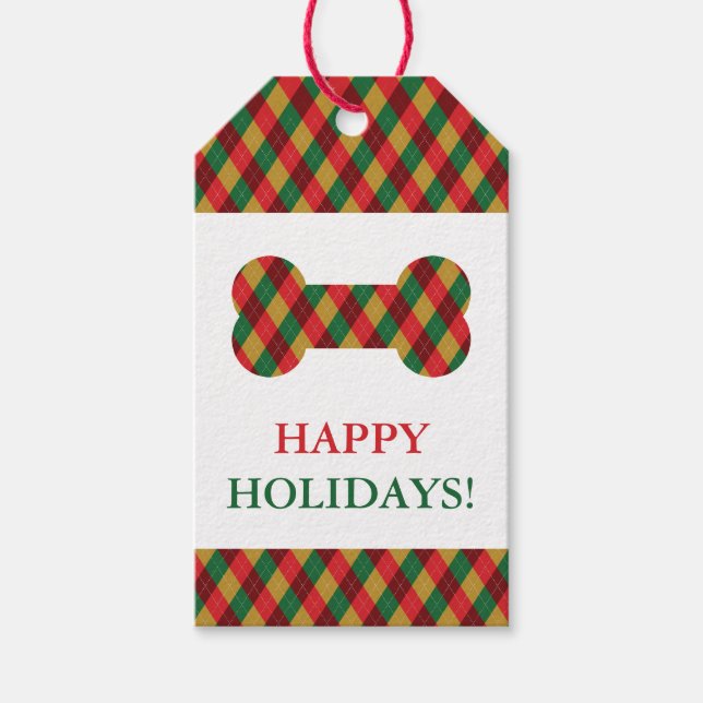 Red Green Yellow Festive Argyle Pattern Dog Bone Gift Tags (Front)
