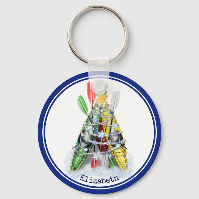 red green yellow Kayak Christmas Tree personalized Keychain (Front)