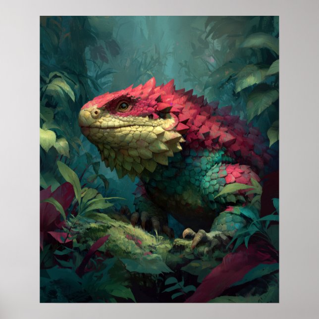 Red green yellow lizard dragon in jungle foliage poster (Front)