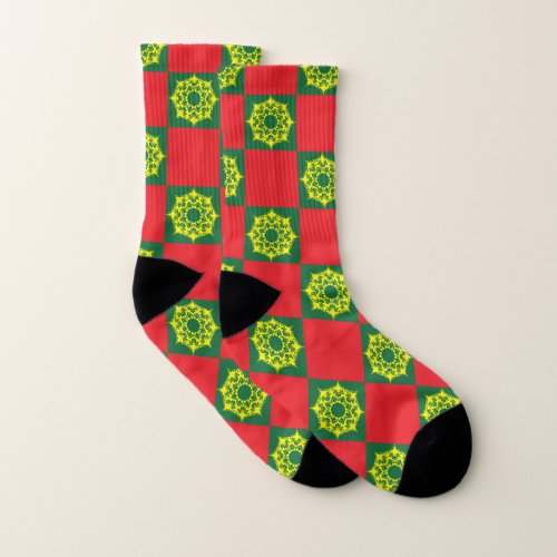 red green yellow mandala pattern socks
