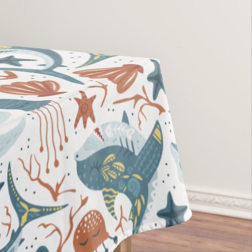 Red Green Yellow Shark Shell Starfish Jellyfish Tablecloth