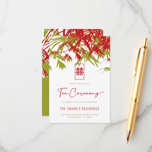 Red/Green Zen Bamboo Leaves Chinese Tea Ceremony Enclosure Card (Front/Back In Situ)