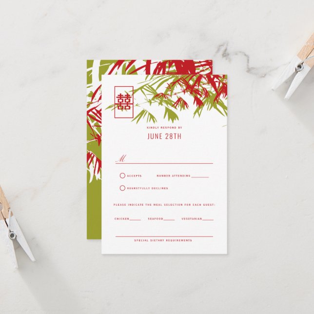 Red & Green Zen Bamboo Leaves Chinese Wedding RSVP Invitation (Front/Back In Situ)