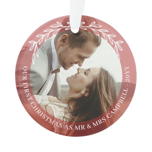 Red Greenery 1st Christmas Mr Mrs Wedding Photo Ornament
