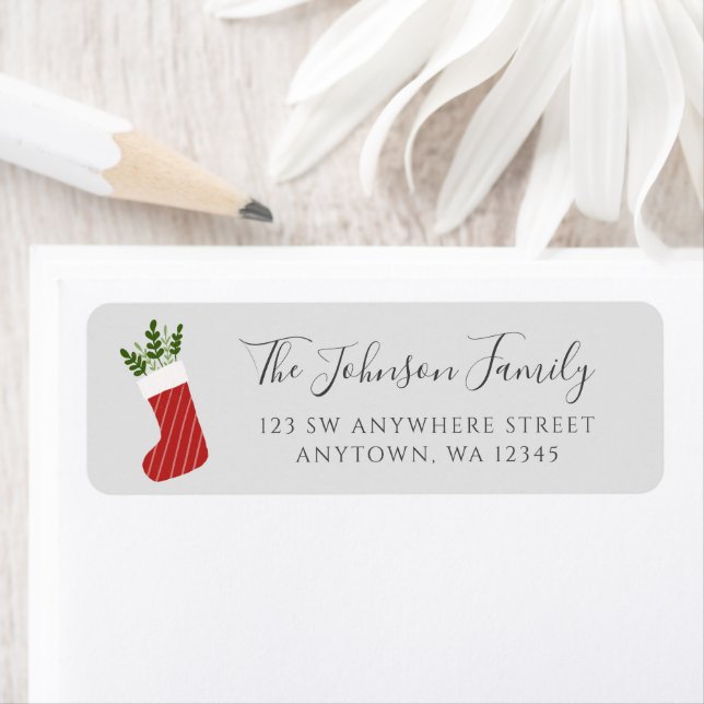 Red Greenery Christmas Stocking Gray Label (Insitu)