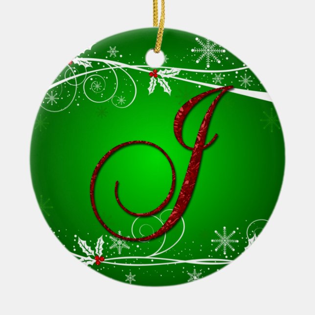 Red Greens Holly Initial J Christmas Ornament (Front)