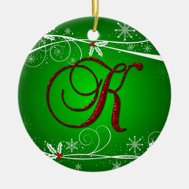 Red Greens Holly Initial K Christmas Ornament (Front)